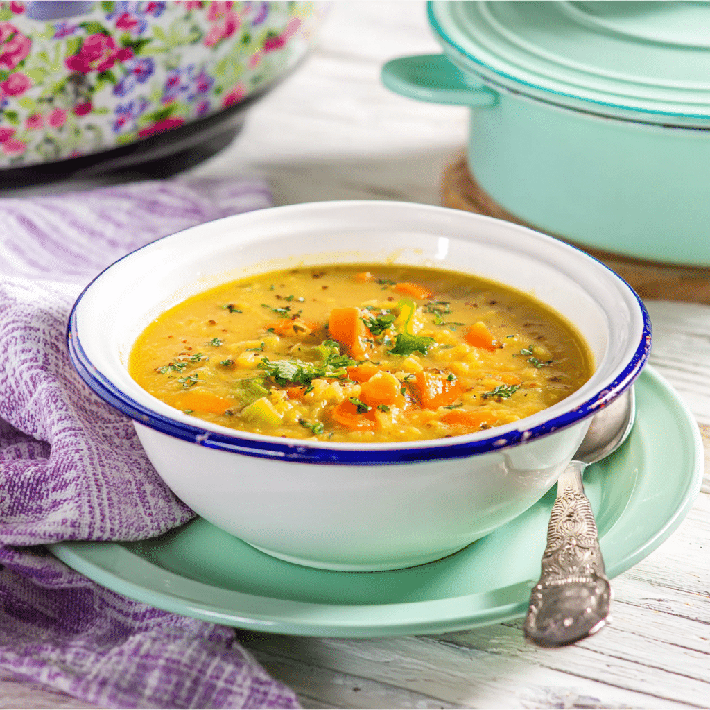 Soupe aux pois mijoteuse crémeuse avec carottes, céleri et persil frais dans un bol blanc émaillé