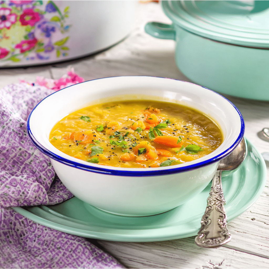 Soupe aux pois à la mijoteuse servie dans un bol émaillé blanc avec liseré bleu, accompagnée d’herbes fraîches et de carottes