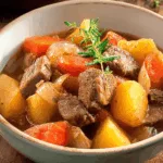 agneau mijoté servi avec pommes de terre et carottes