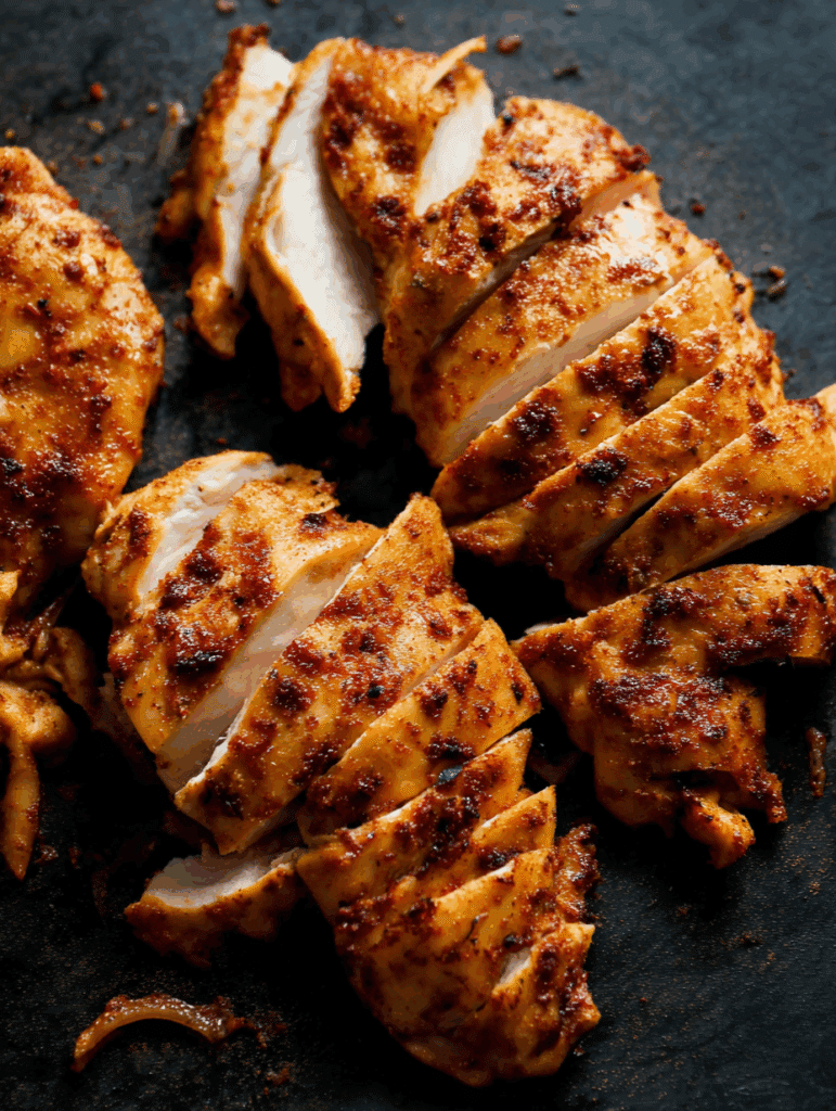 poitrine de poulet à l’airfryer dorée tranchée