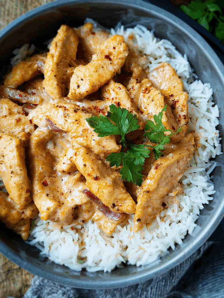 émincé de poulet servi avec riz vapeur, prêt à être dégusté