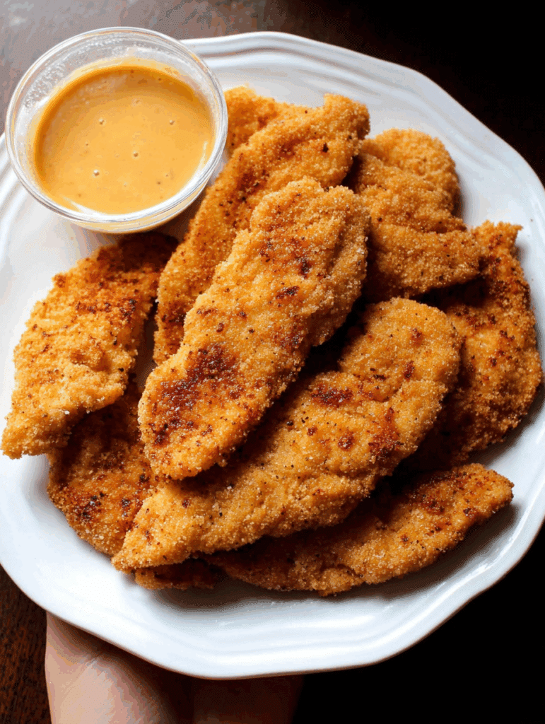 filets de poulet à l’airfryer croustillants servis avec sauce