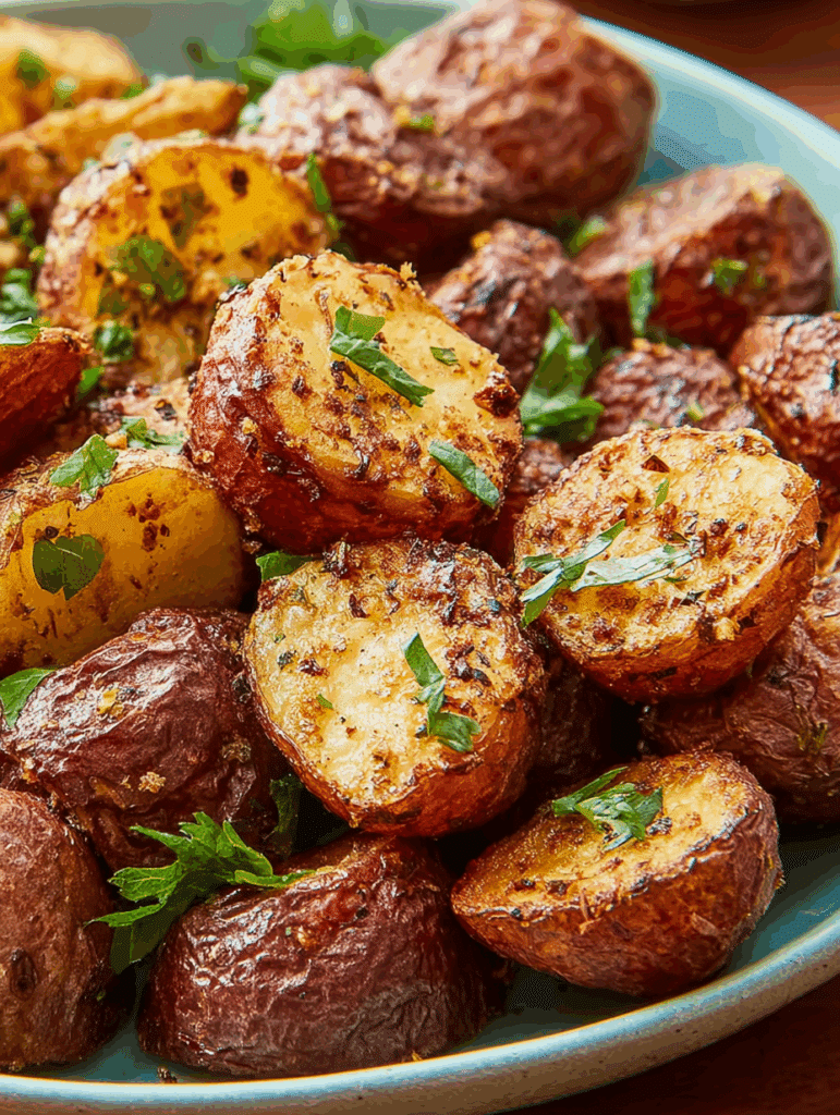 Assiette de pommes de terre grenailles parfaitement croustillantes, parsemées de sel et de fines herbes