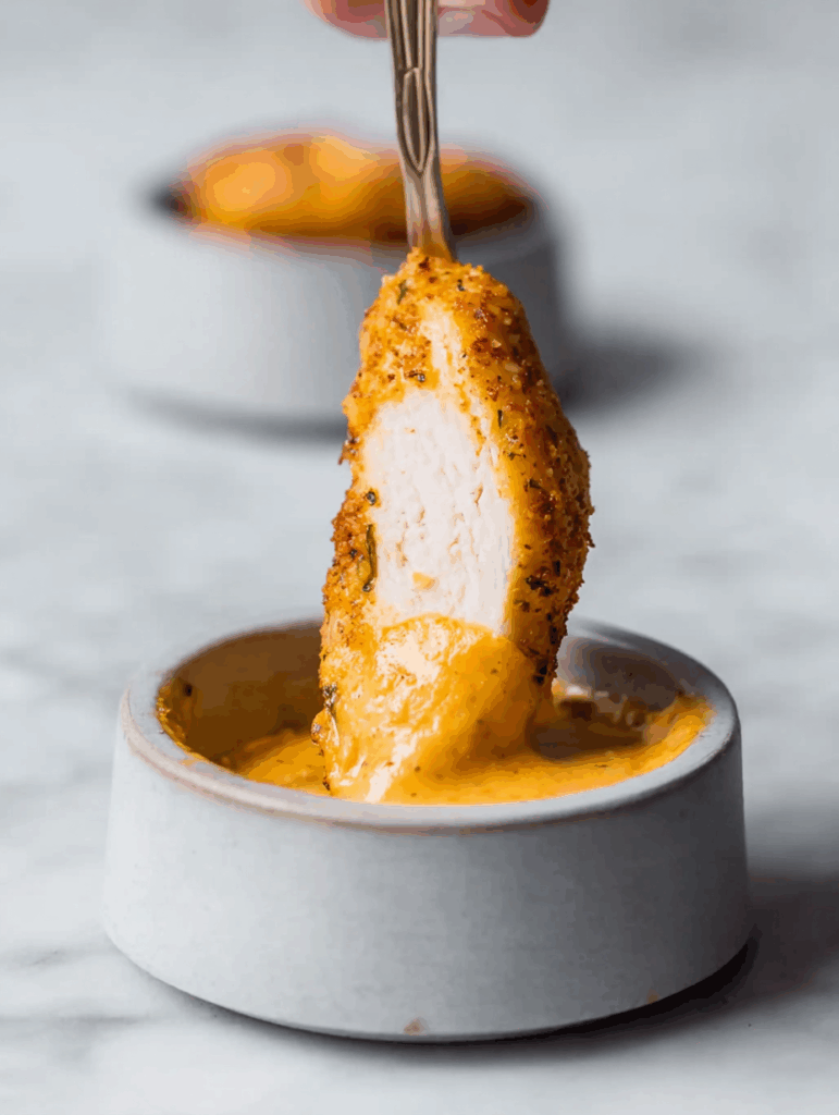 Morceau de blanc de poulet à l’Airfryer trempé dans une sauce