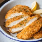 Blanc de poulet pané à l’Airfryer, doré et tranché dans une assiette
