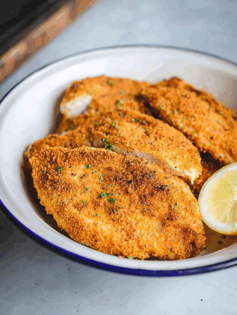 Blanc de poulet pané à l’Airfryer doré dans une assiette avec citron