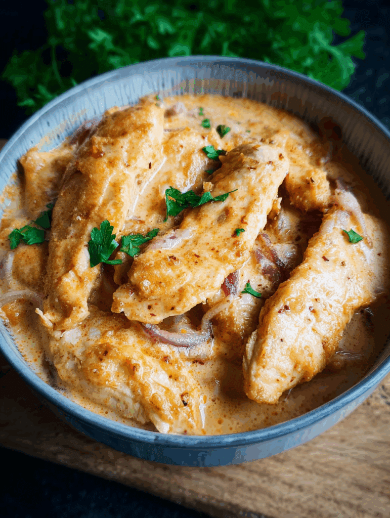 émincé de poulet tendre dans une sauce crémeuse, dans la friteuse à air