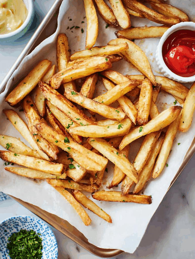 Frites à l’air fryer servies avec ketchup et moutarde sur plateau doré