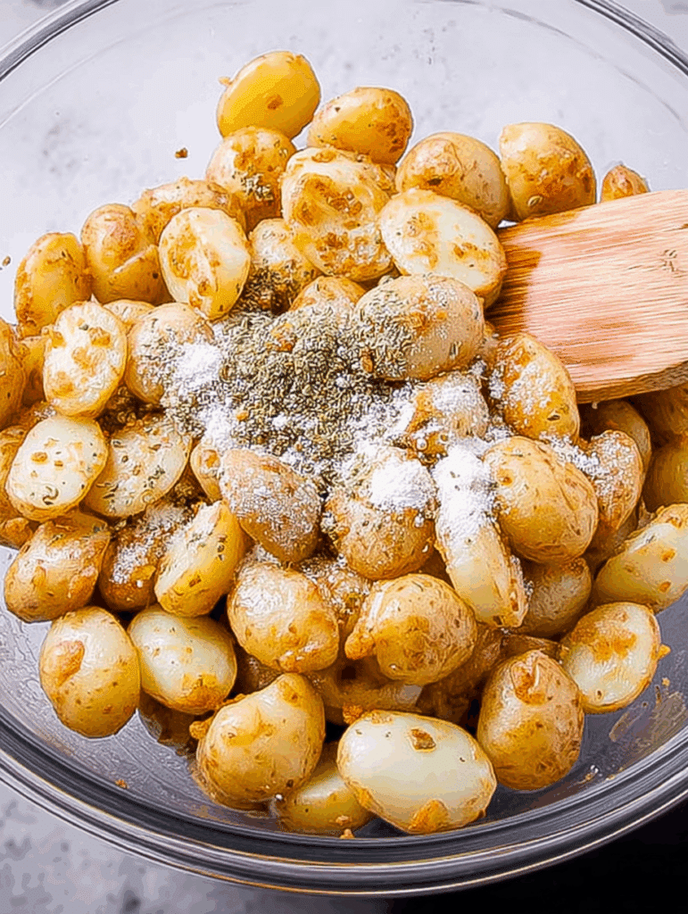 Ingrédients mélangés dans un bol pour pommes de terre grenailles à l’airfryer