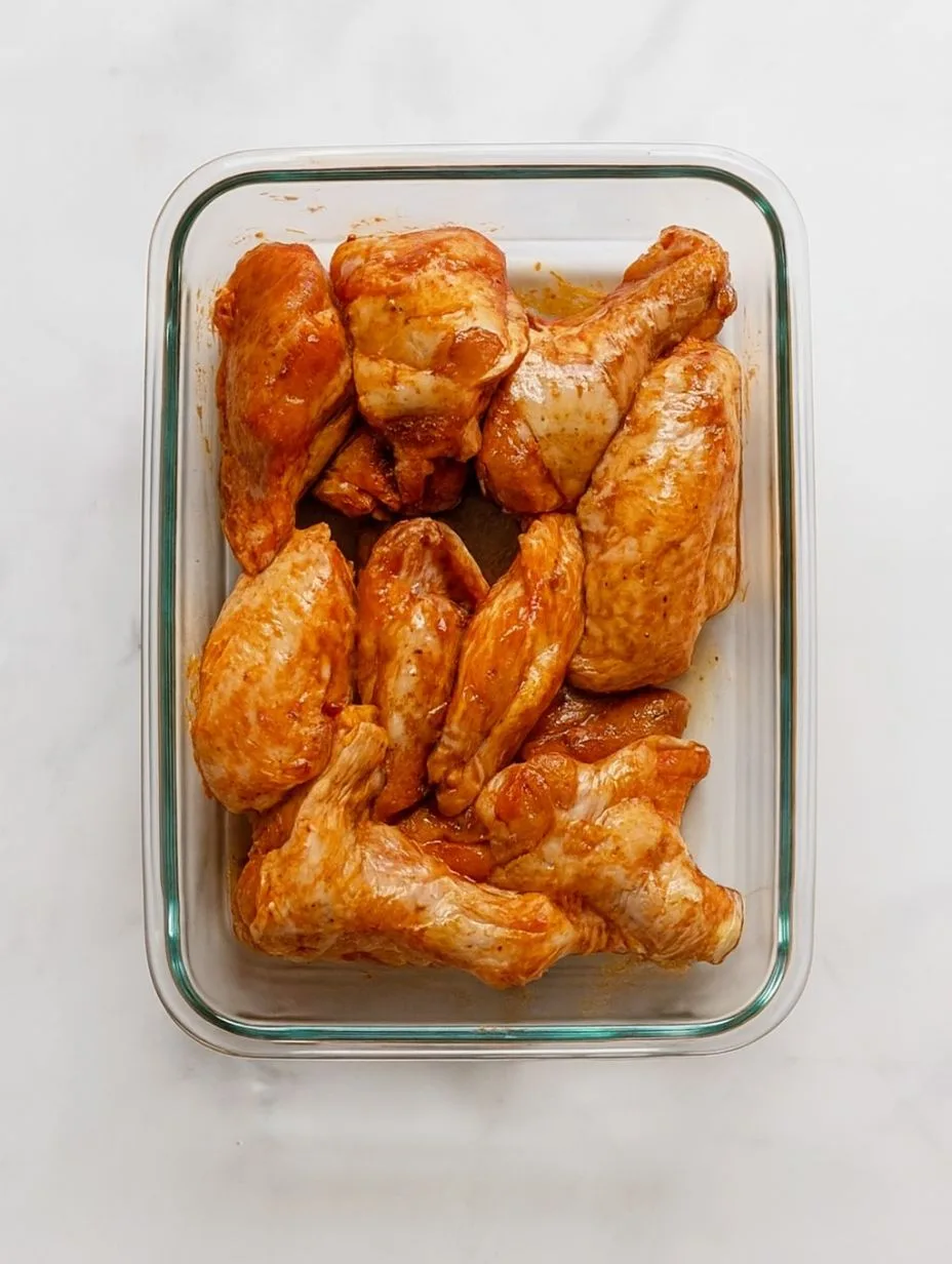 Ailes de poulet assaisonnées prêtes à cuire dans un plat en verre