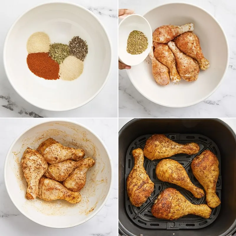 Étapes de préparation de pilons de poulet à l’airfryer avec assaisonnement et cuisson