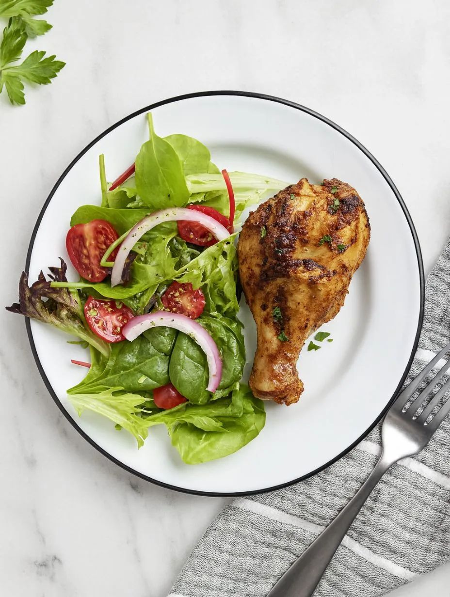 Pilon de poulet à l’airfryer servi avec une salade verte fraîche