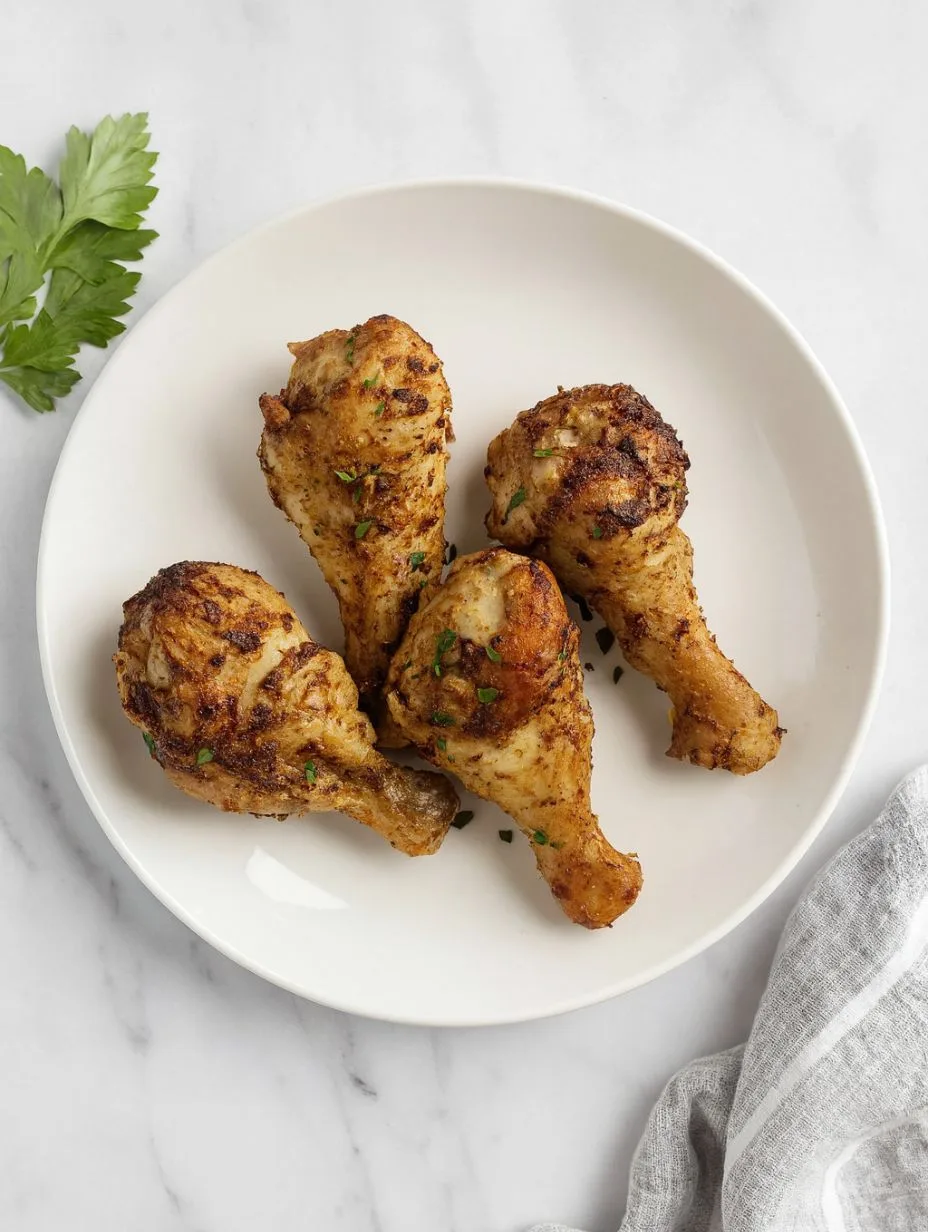 Pilons de poulet cuits à l’airfryer servis dans une assiette blanche