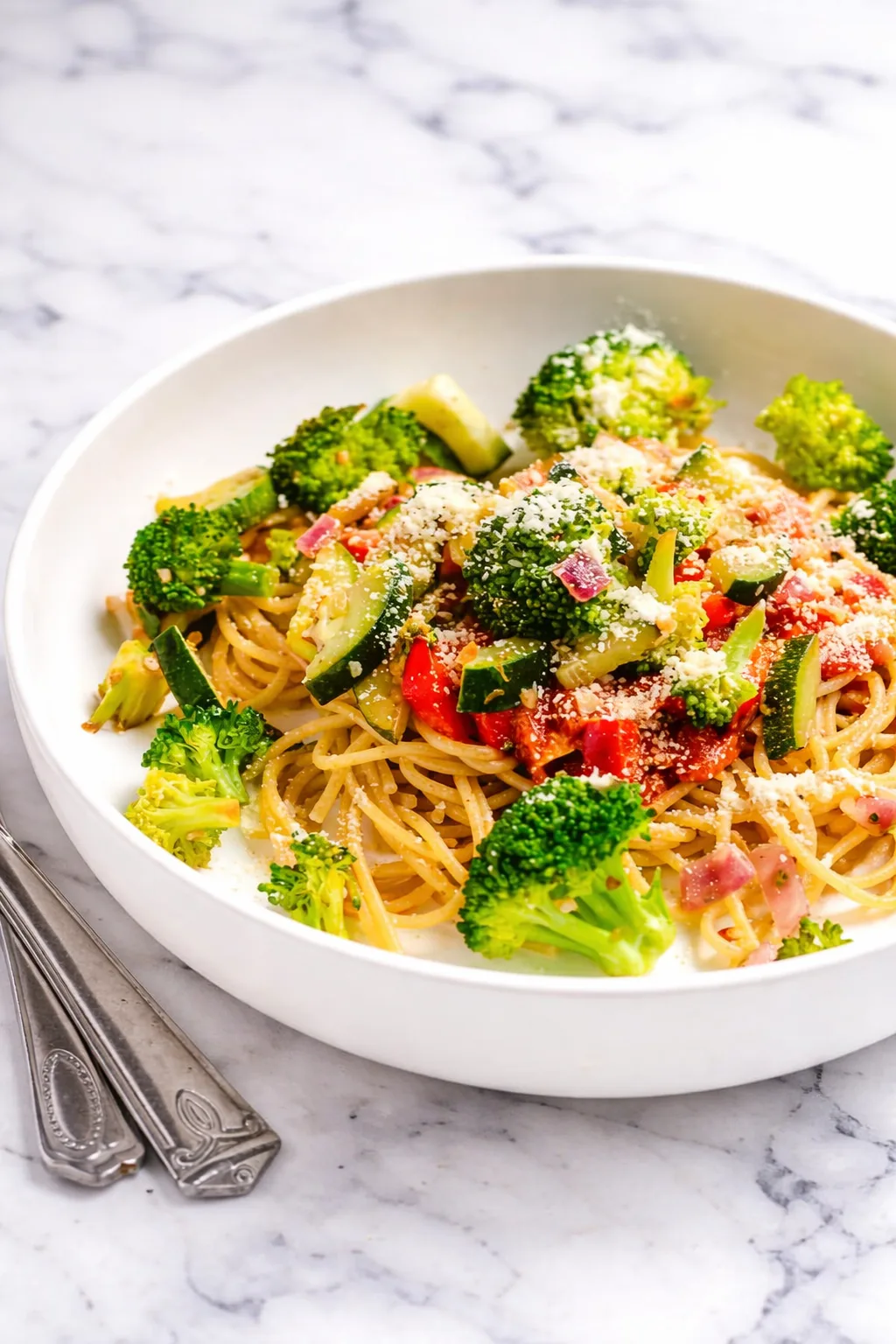 Pâtes complètes healthy aux légumes et parmesan