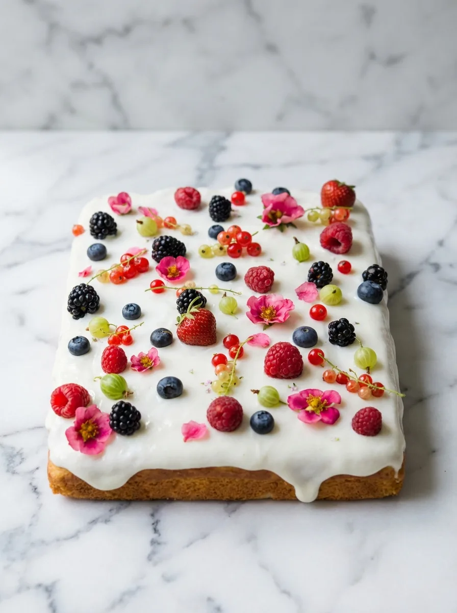 Gâteau au yaourt sur plaque avec fruits