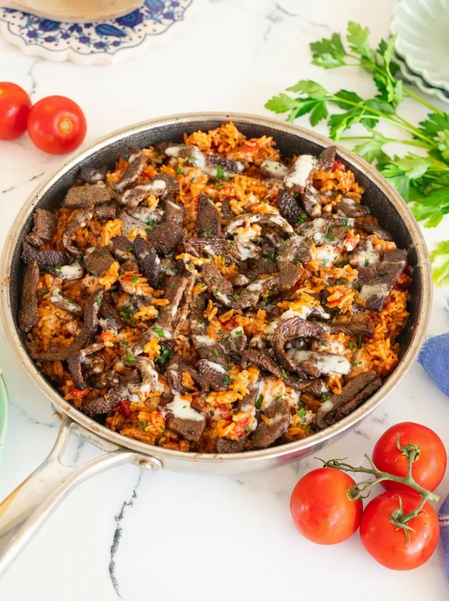 Riz au steak et sauce queso