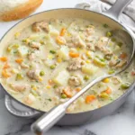 Soupe crémeuse au poulet et aux pâtes avec carotte et épinards