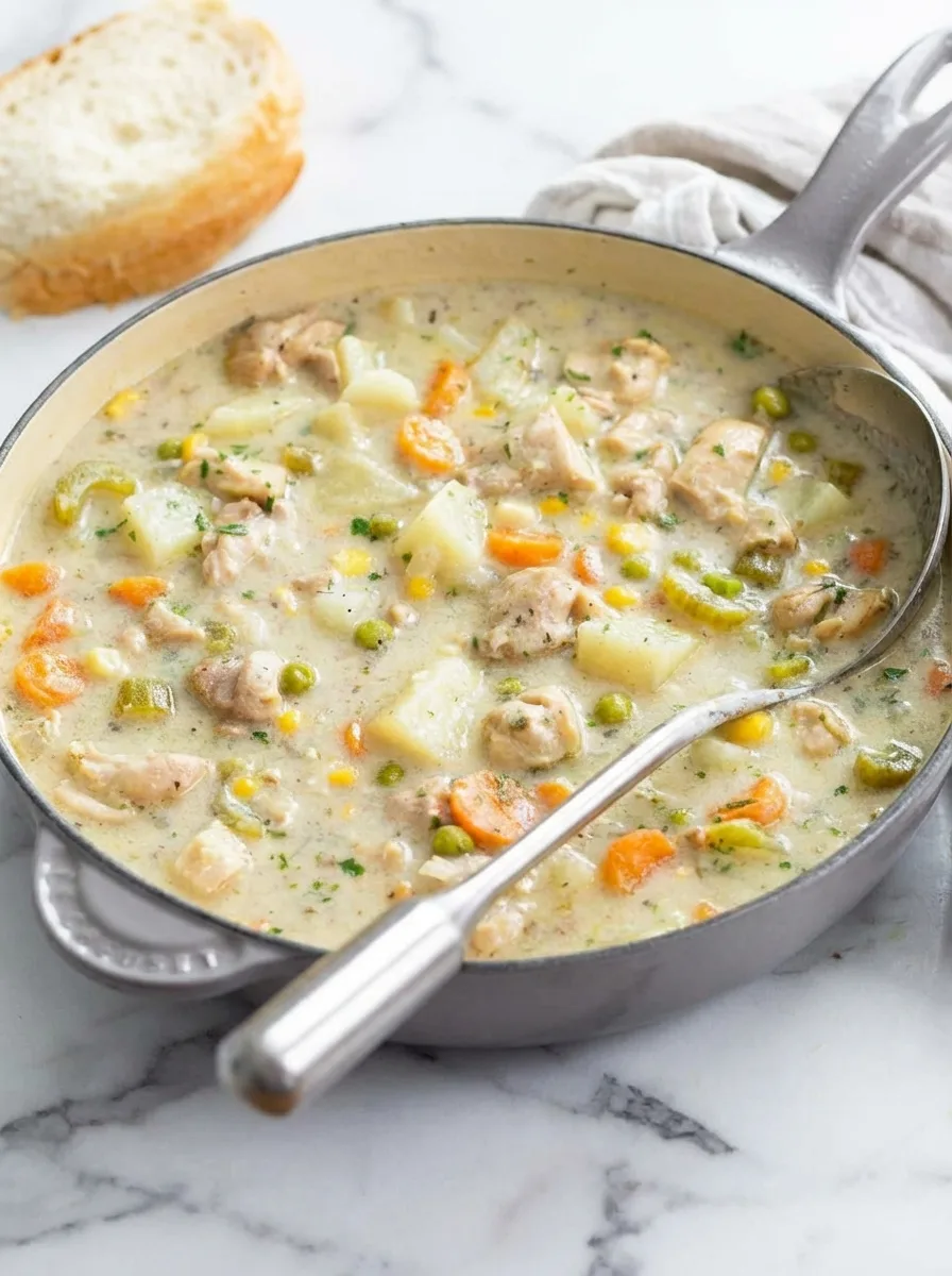 Soupe crémeuse au poulet et aux pâtes avec carotte et épinards