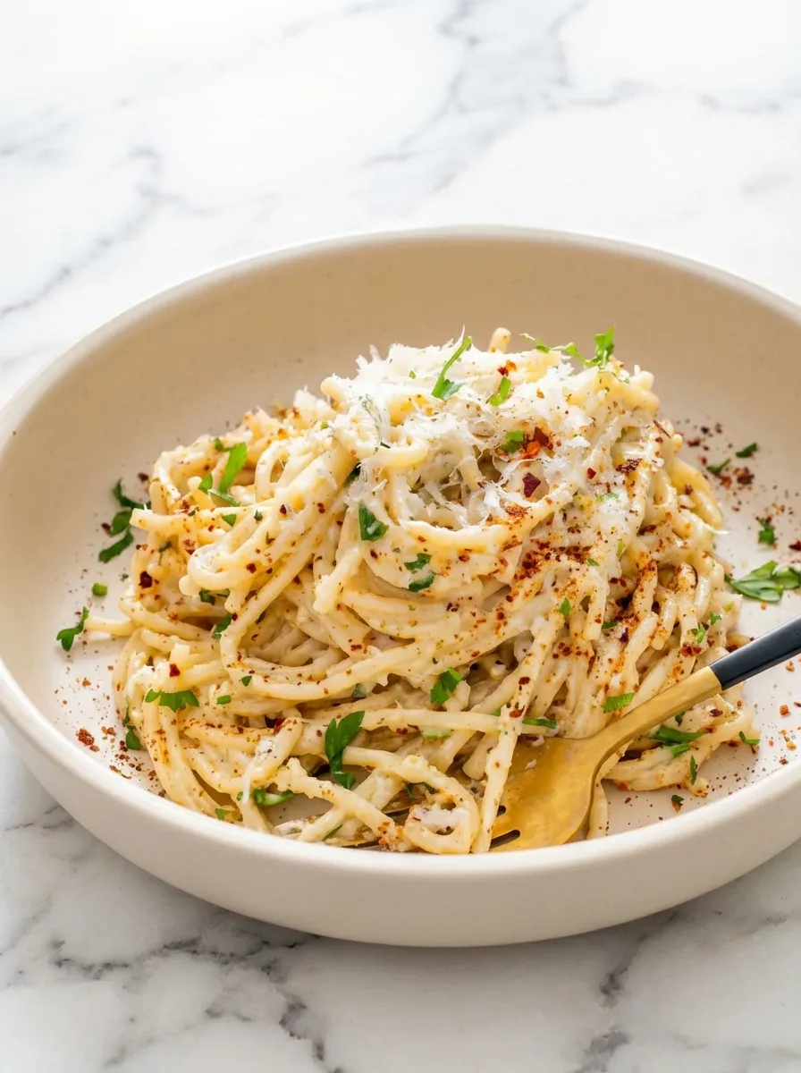 Spaghettis crémeux à l’ail et au beurre
