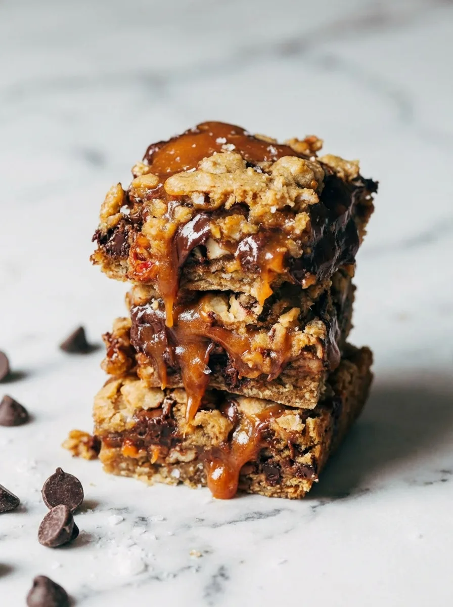 Barres de cookies à l’avoine aux pépites de chocolat et caramel au beurre salé