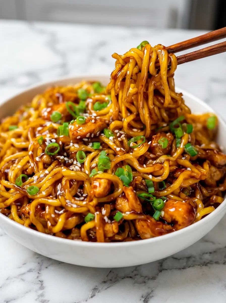 Nouilles au poulet collantes à l’ail