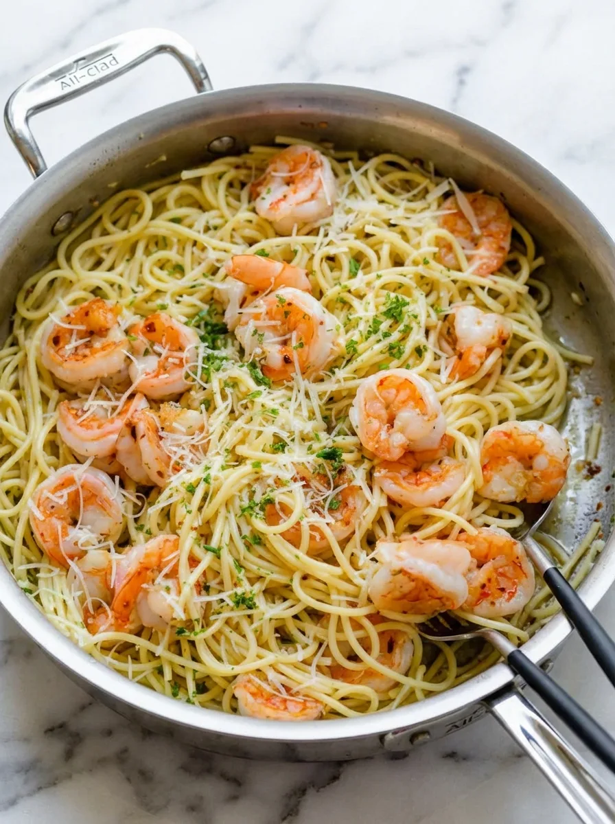 Pâtes aux crevettes à l’ail et au beurre (15 minutes)