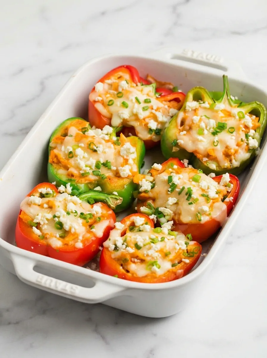 Poivrons farcis au poulet buffalo – sans produits laitiers & pauvres en glucides