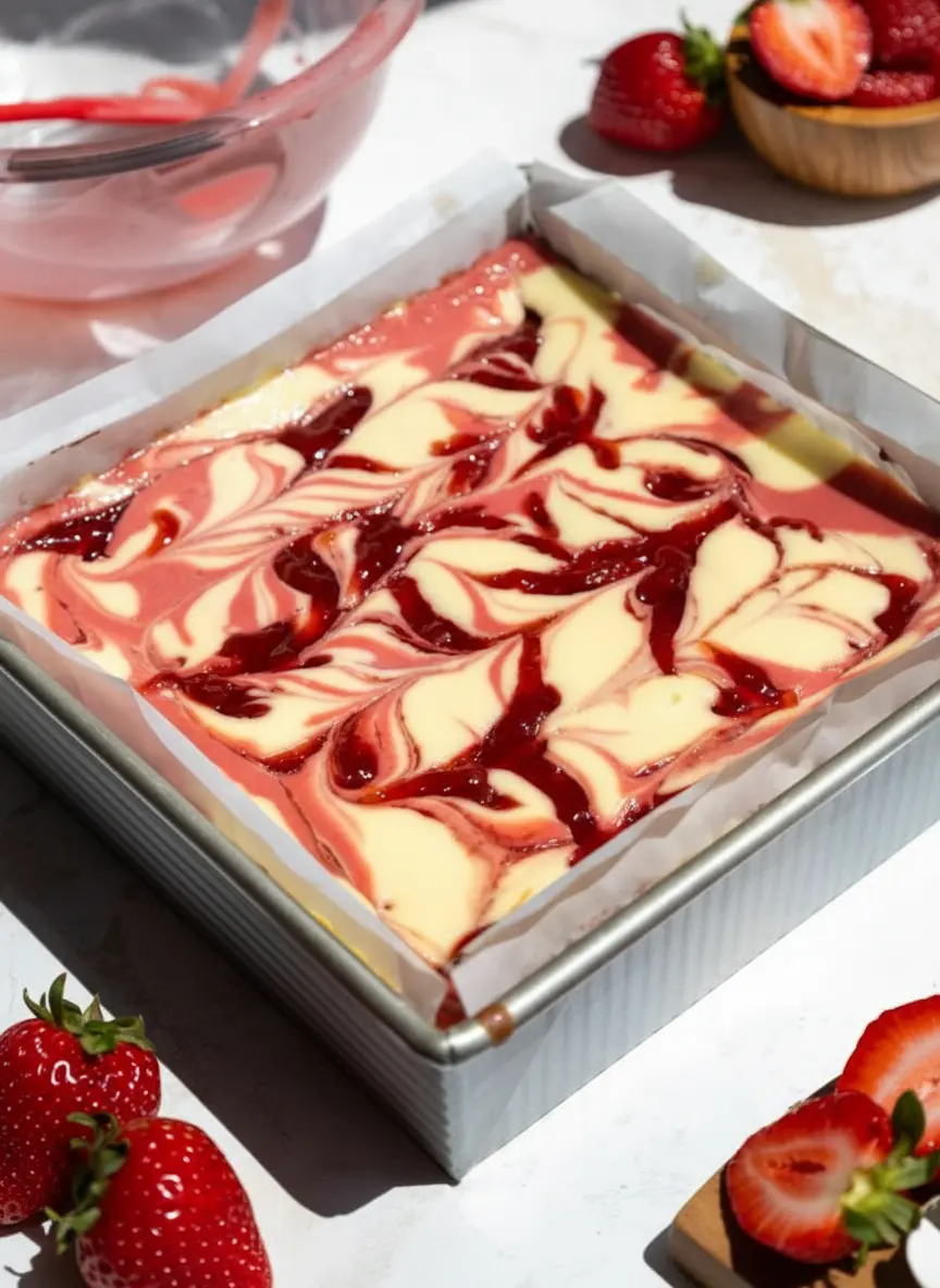 Barres de cheesecake à la fraise avec garniture au fromage à la crème