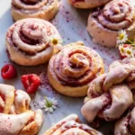 Brioches roulées sucrées glacées au miel et à la framboise