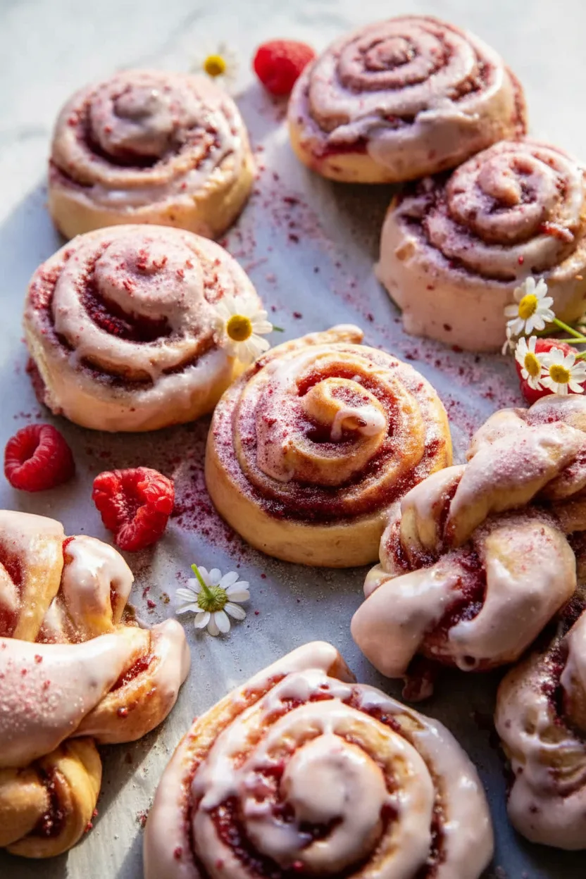 Brioches roulées sucrées glacées au miel et à la framboise