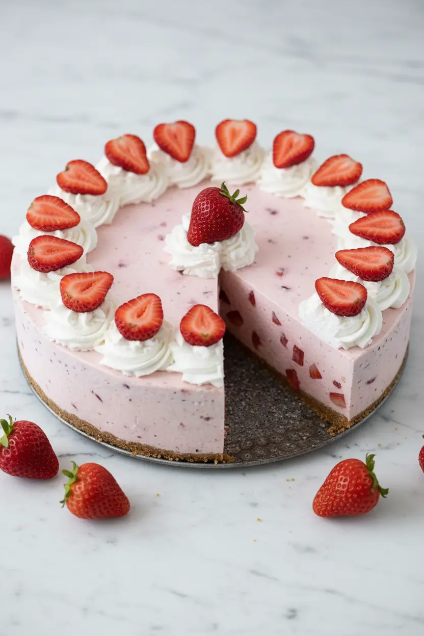 Cheesecake à la fraise sans cuisson avec crème fouettée
