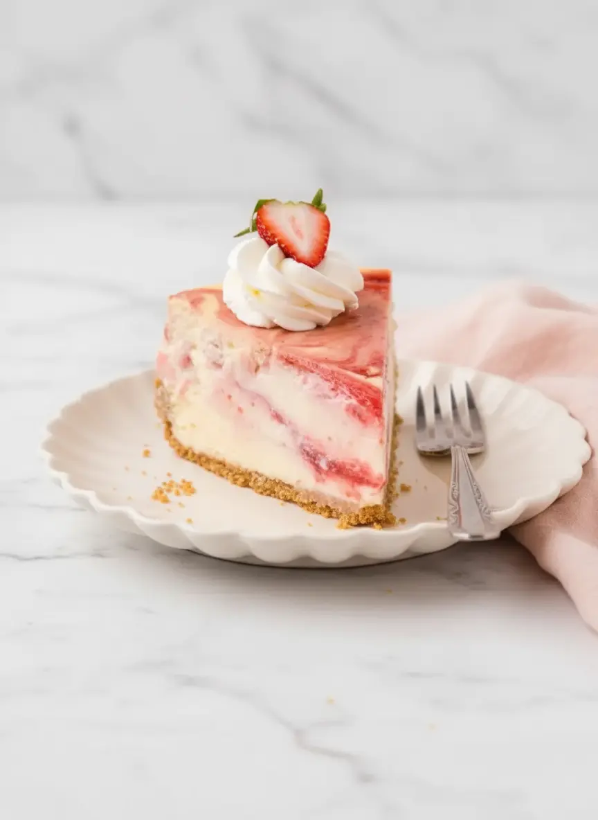 Cheesecake marbré à la fraise avec sauce aux fruits rouges