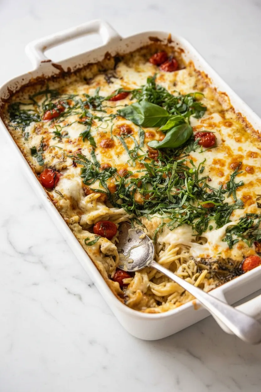 Gratin d’orzo au pesto façon caprese, tout-en-un