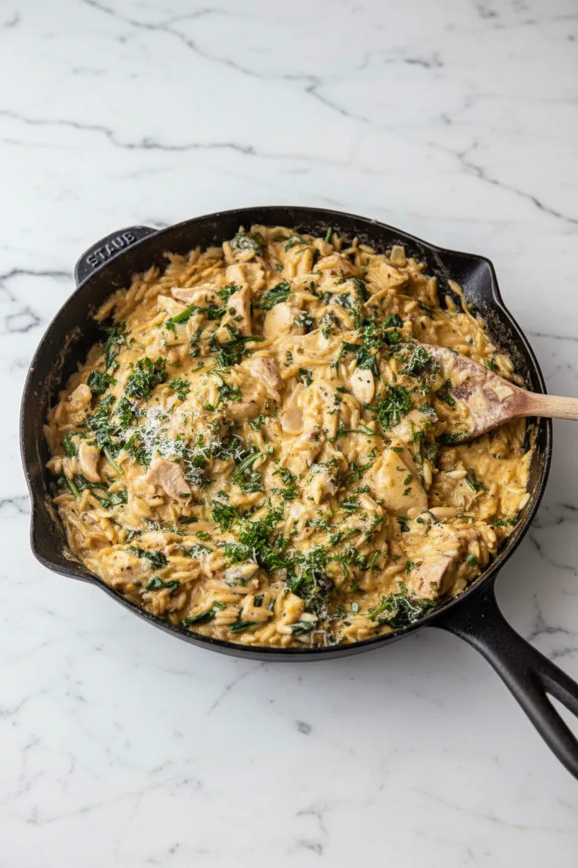 Orzo au poulet, épinards et artichauts en 25 minutes