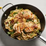 Pâtes au poulet, citron et asperges