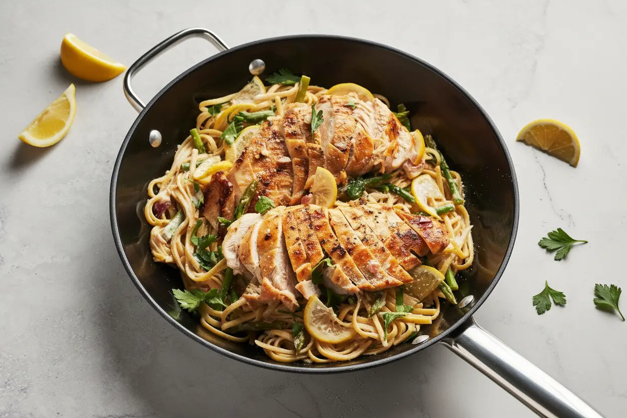 Pâtes au poulet, citron et asperges