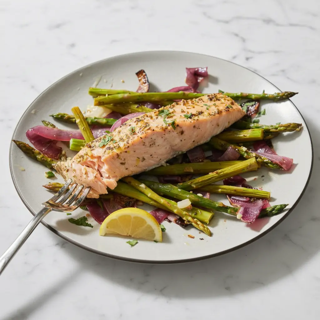 Saumon et asperges au beurre à l’ail sur plaque
