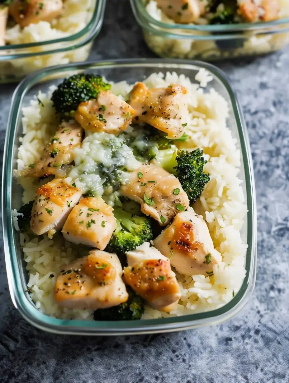 préparation de repas poulet et riz au fromage faible en glucides